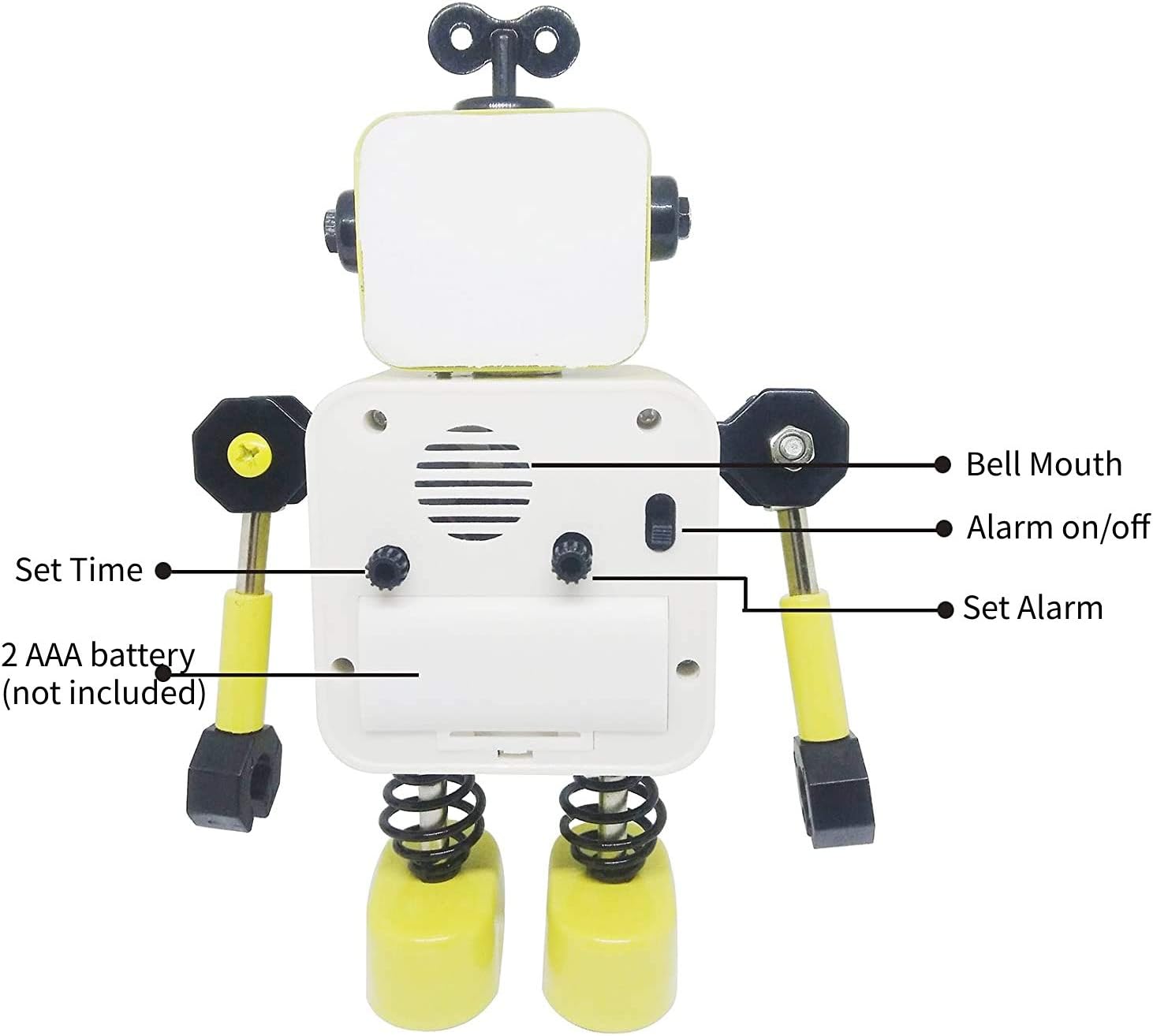 Diskary Robot Alarm Clock,Stainless Metal Non-Ticking Wake-up Clock with Flashing Eye Lights and Rotating Arm,Gift to Children (Yellow) - Image 4
