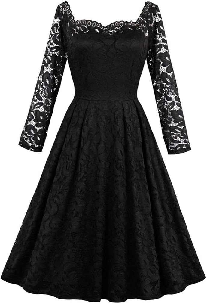 KILLREAL Women's Long Sleeved Floral Lace Bridesmaid Evening Dress for Wedding Party Black X 