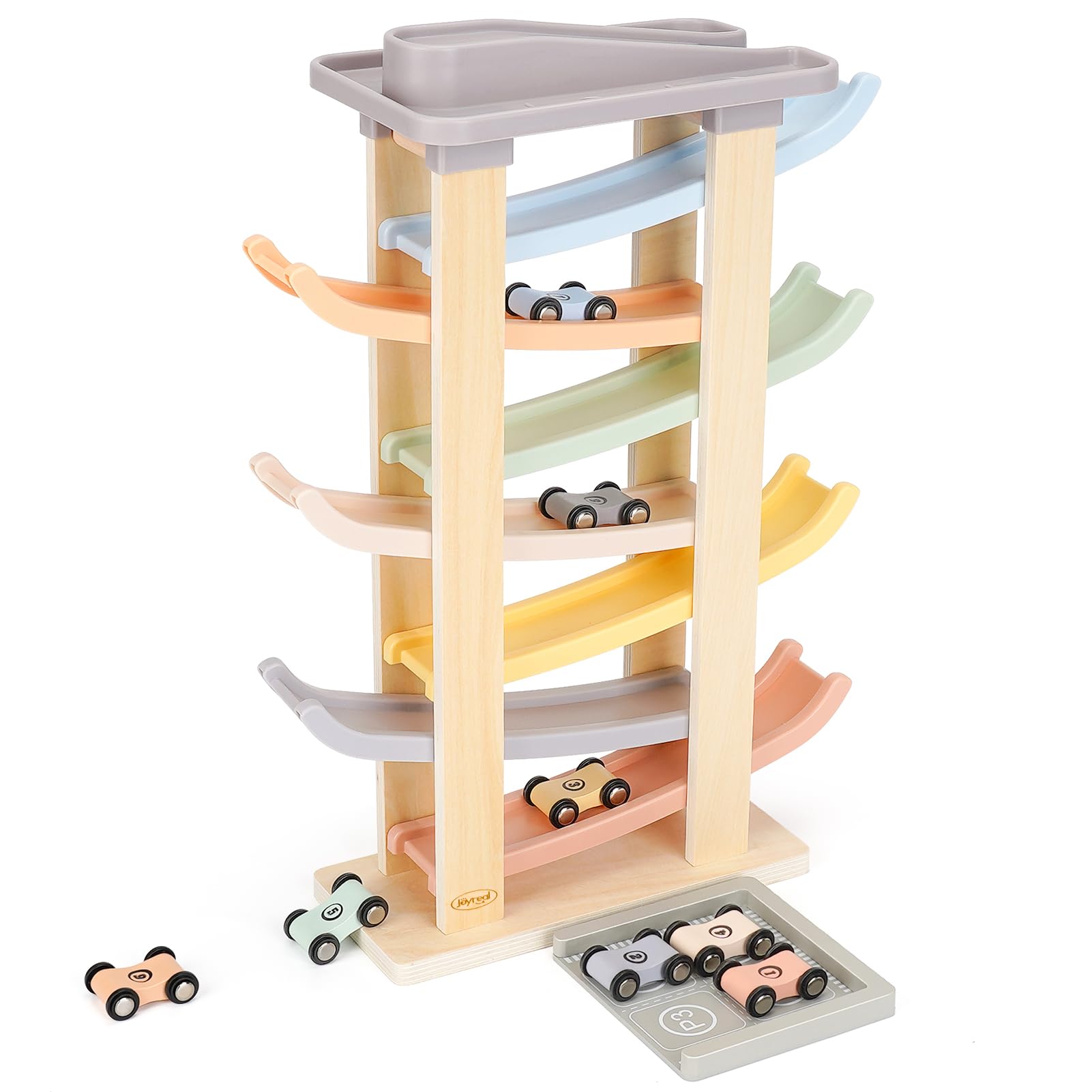 Joyreal Montessori Toddler Toys for 1 2 3 Year Old - 7 Level Wooden Car Ramp Racer Toys with 8 Mini Cars & 2 Garages - Christmas Birthday Gifts for 2 Year Old Boys and Girls