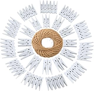 jijAcraft Weiße Holzklammern,100 Stück Holz Wäscheklammern,3,5 cm Holzklammern Klein, Foto Papier Clips mit 30 Meter Jute Schnur für Kunstgewerbe, Heimwerken,Fotos & DIY Dekorationen