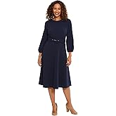 London Times Womens Belted Fit and Flare Pleated Blouson Sleeve Midi Scuba Crepe Dress Polished Chic Career