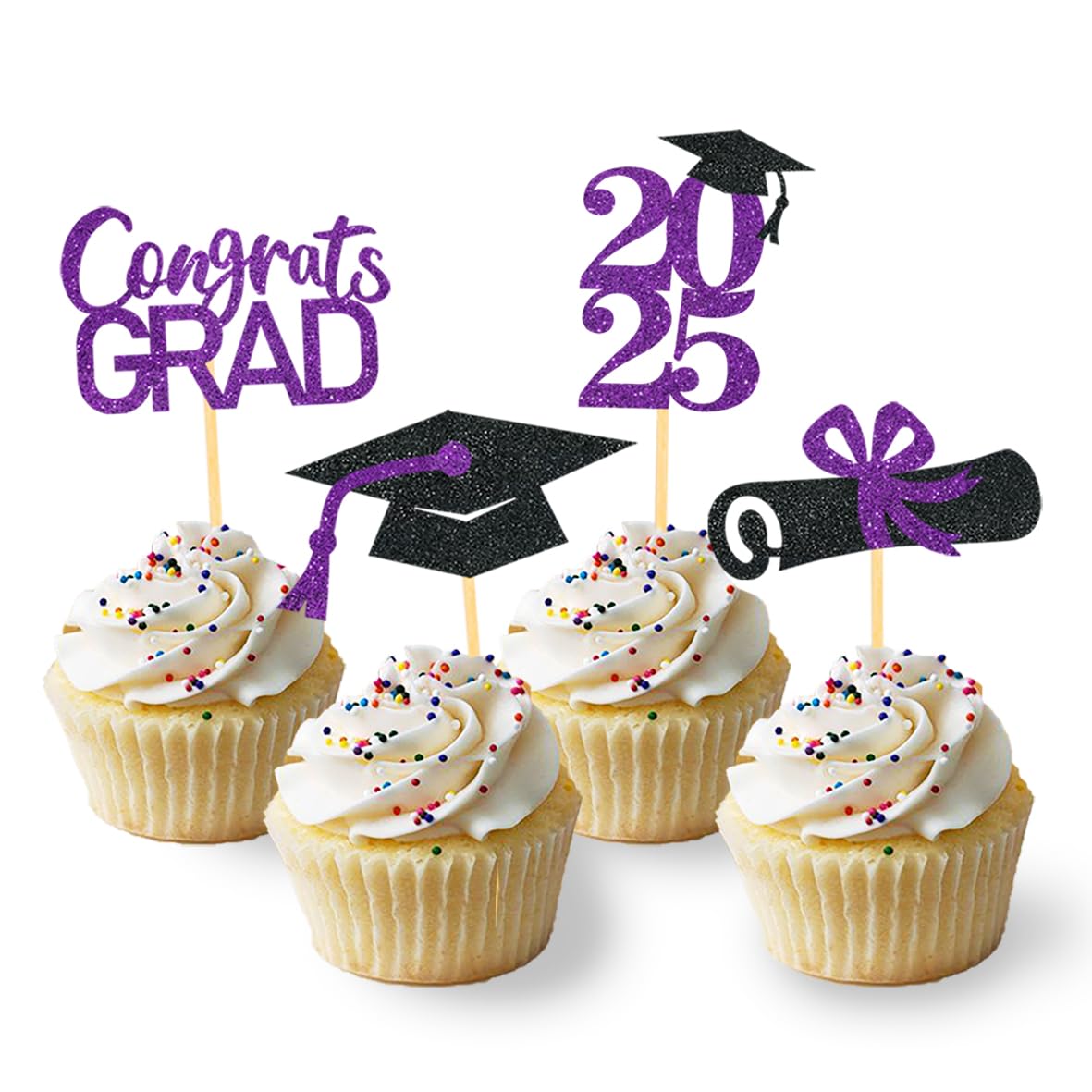 Photo 1 of 24Pcs Graduation Cupcake Toppers, Graduation Cupcake Picks for Cupcake Food Decorations - Class of 2025 Cupcake Toppers Supplies (Purple)