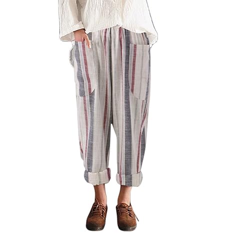 YWLINK Damen Literarisch Hohe Taille Vintage Gestreifte Lose Lange Baumwollhose GroßE Hosentasche Frauen Boyfriend Hose