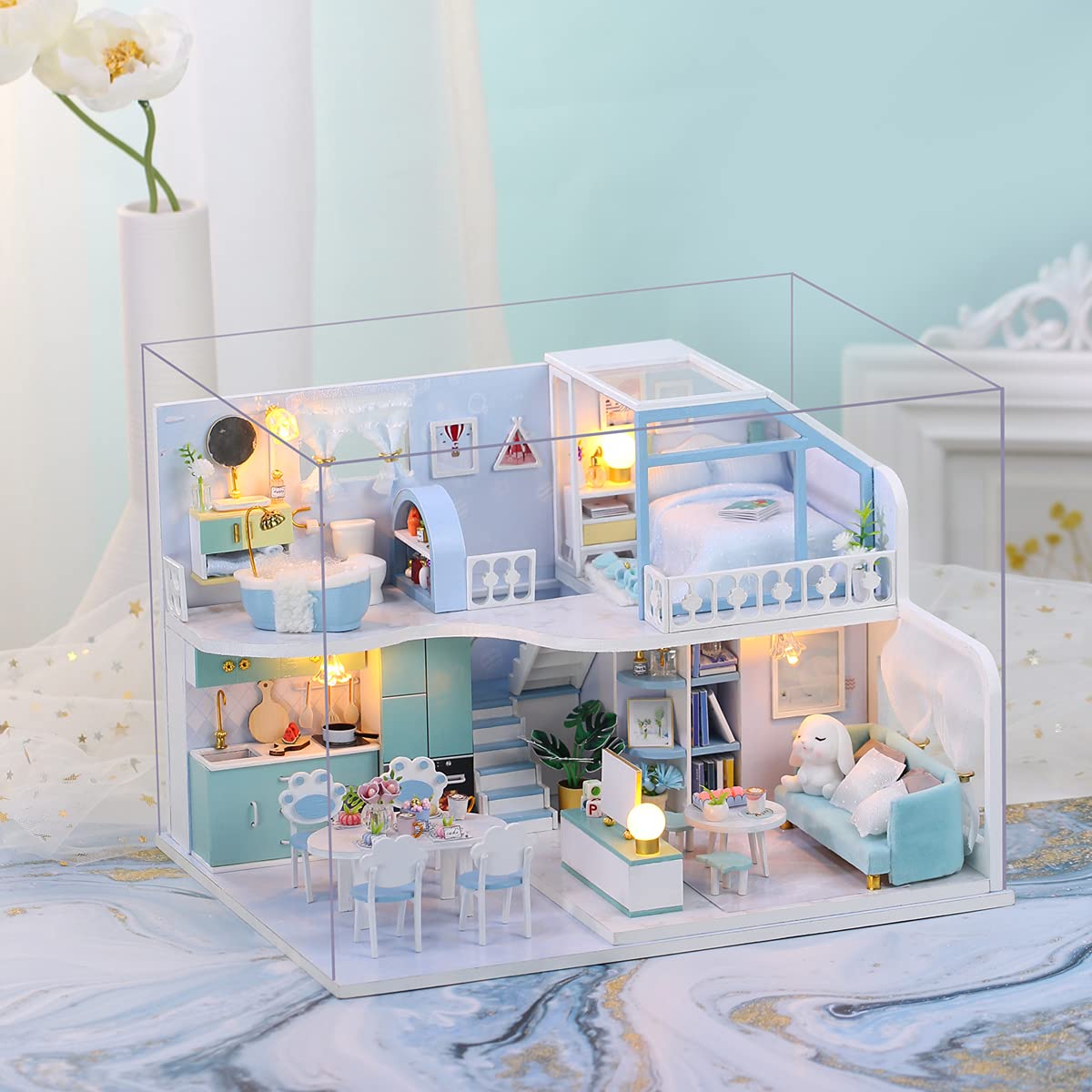 GuDoQi DIY Miniature Dollhouse Kit, Tiny House kit with Furniture, Miniature House Kit 1:24 Scale, Great Gift for Birthday Father's Day, Beautiful Blue Room