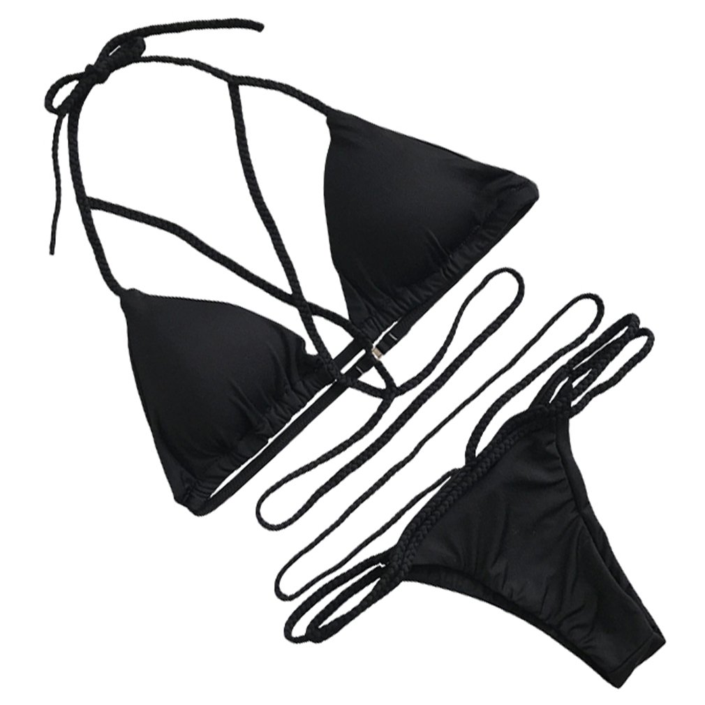 Bikini Damen Schwarz,Chicolife Damen Bandage Bikini Satz Push-up Gepolstert Halter Bandeau Einfarbig Badeanzug Baden Strand Badebekleidung