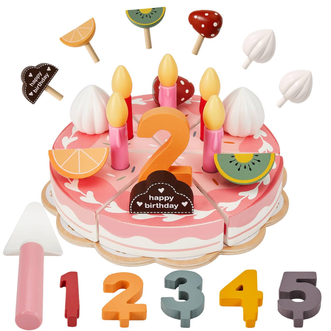 HERSITY Wooden Birthday Cake Toy Cutting Food Pretend Play Kitchen for Toddlers, Girls Afternoon Tea Party Set DIY Fruit Cake Toy with Candles Numbers Desserts Kids for 3 4 5 Years Old