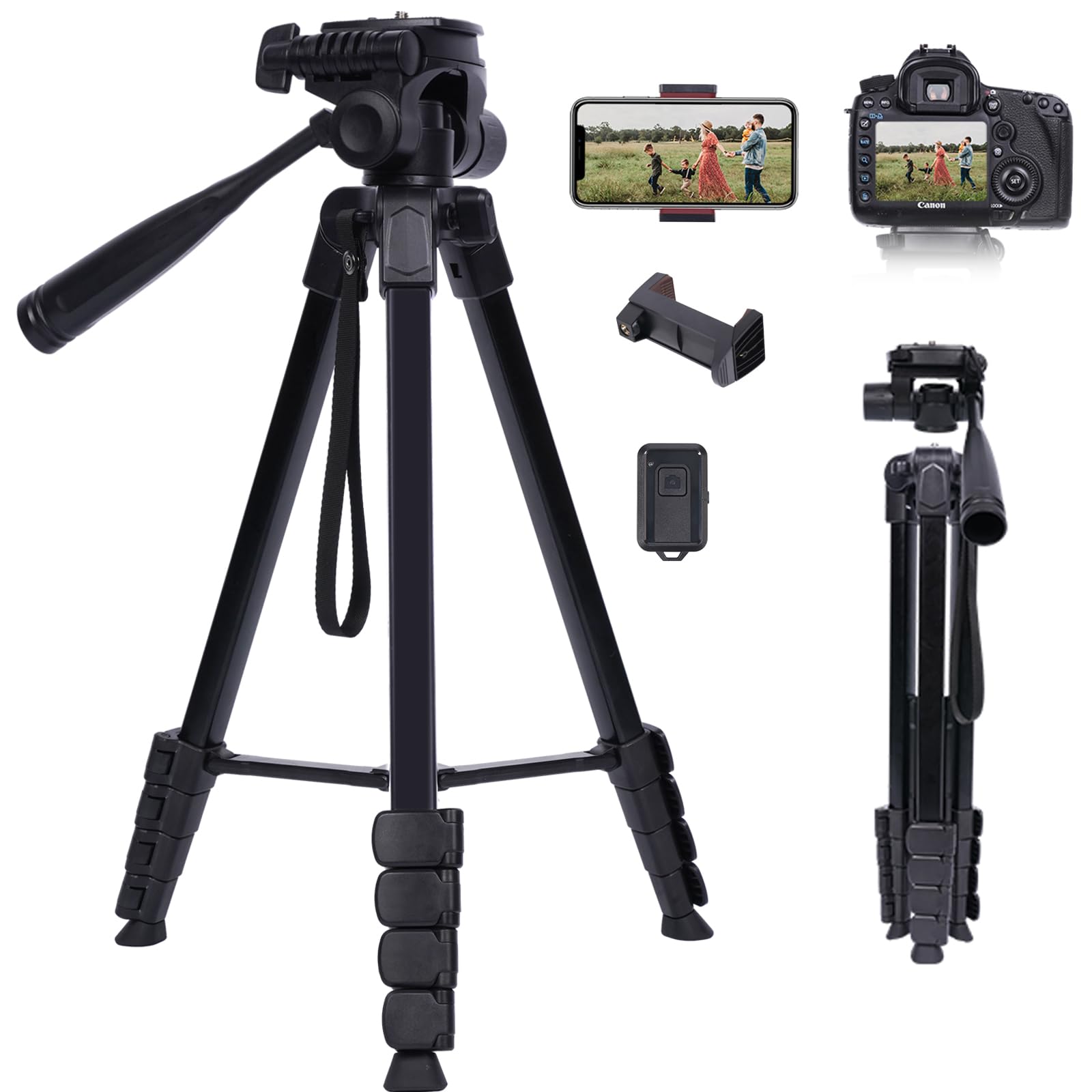 ZETONG Camera Tripod for Canon Nikon Sony, 67" Aluminum Lightweight Tripod Stand with Detachable Head & Phone Holder & Remote Shutter & Carry Bag, Small DSLR Tripod for Smartphone/Vlog/Streaming
