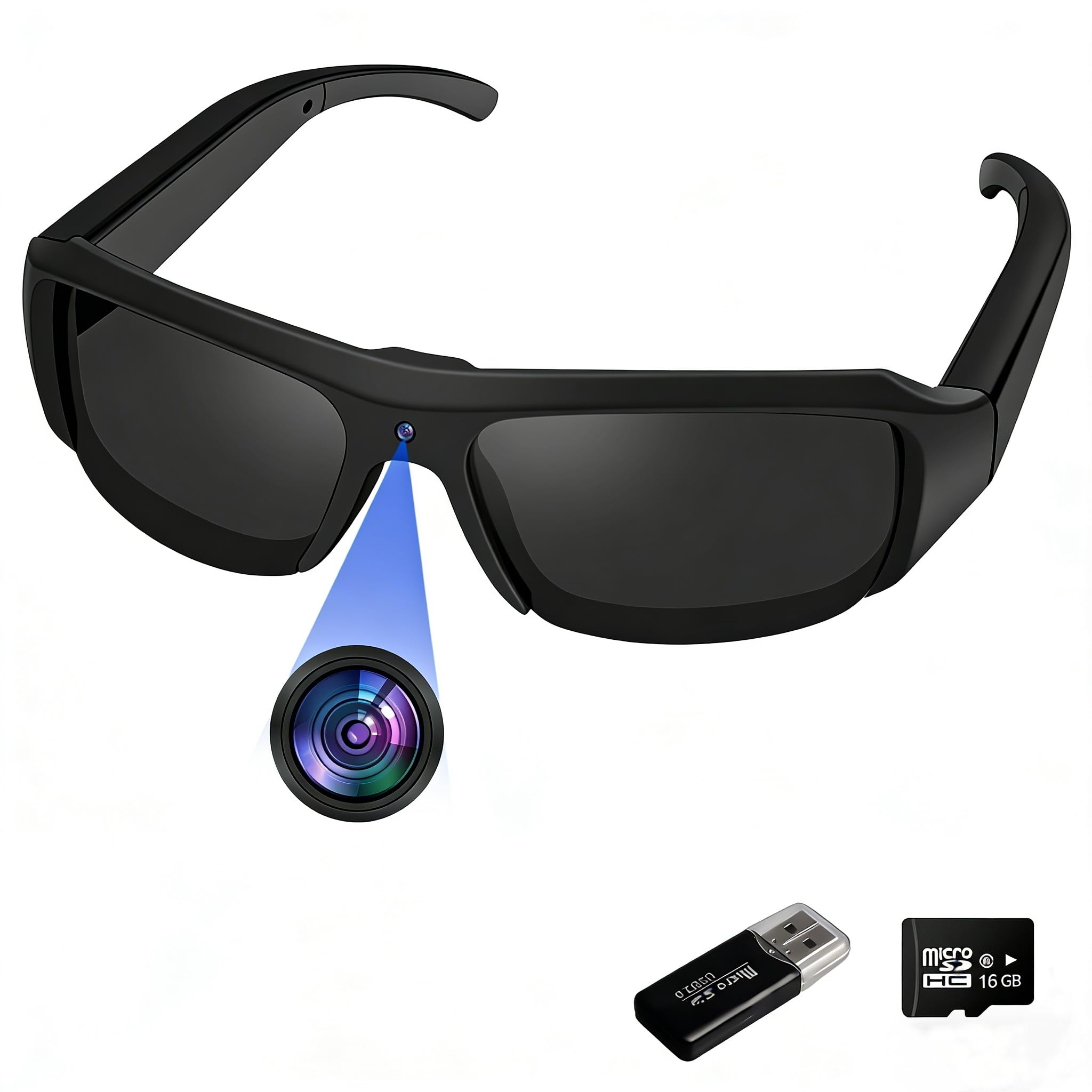 Photo 1 of Camera Sunglasses Sports Action Glasses Camera 1080P Video Camera Glasses UV Protection Polarized Lens Support Photos/Videos Recording mit 16GB Micro SD Card and Card Reader for Outdoor Activities