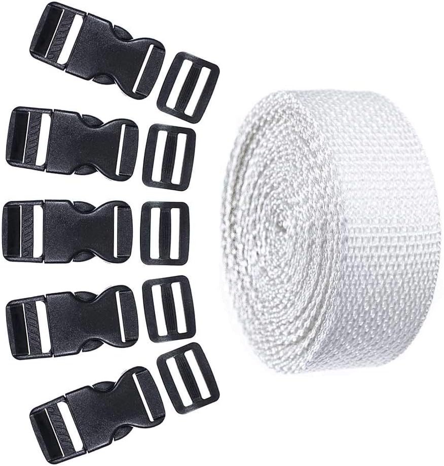5 Set Each of 1 Inch Flat Side Release Buckles and Tri-Glides with 5 Yards of Nylon Webbing Straps - Ideal for DIY Luggage Straps, Pet Collar, Backpack Repair