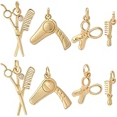 Beebeecraft 8Pcs 4 Styles Hairdresser Charms 18K Gold Plated Brass Hair Stylist Scissor Dryer Comb Barber Mini Tool Charm for Jewelry Making DIY Crafts Bracelet Necklace