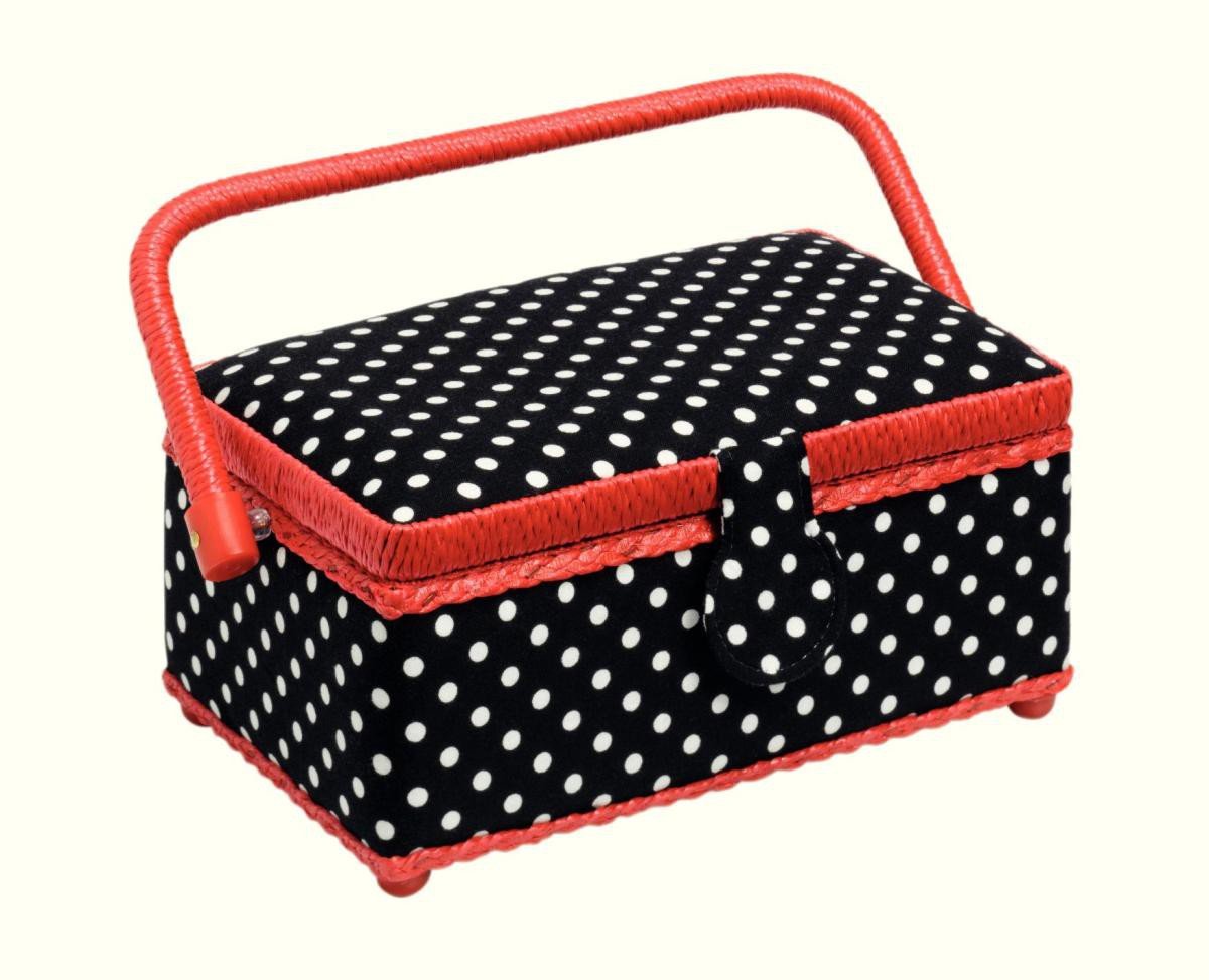 Prym Polka Dot Sewing Basket with Red Trim, Cotton, BlackWhite, Small