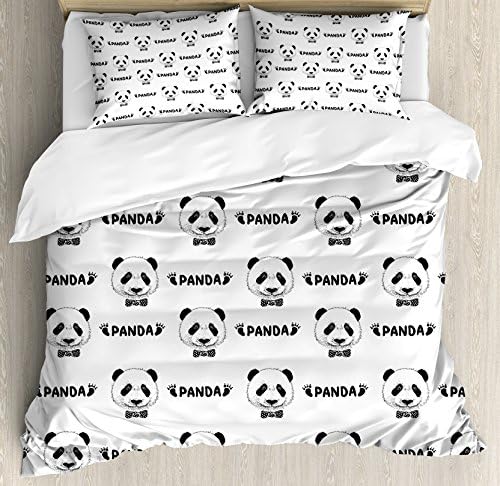 パンダ布団カバーセットby Ambesonne かわいいパンダ面頭と小さなフットプリントシルエットchildish装飾図 装飾寝具セットwithピロー ブラックホワイト Full Queen Nev Queen
