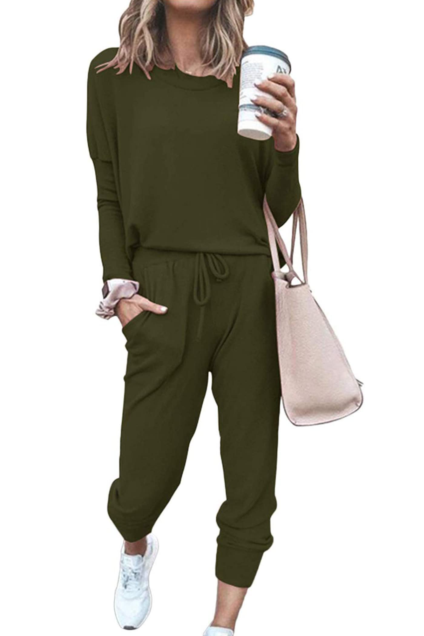 Photo 1 of PRETTYGARDEN Women Fall 2 Piece Lounge Outfit Long Sleeve Tops High Waisted Jogger Pants Set Spring Travel Clothes Tracksuit (Army Green,Medium)