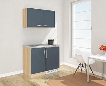 respekta Mini Küche Singleküche 100 cm inkl. Oberschrank Eiche Sägerau Nachbildung Front grau MK 100 ESGOS