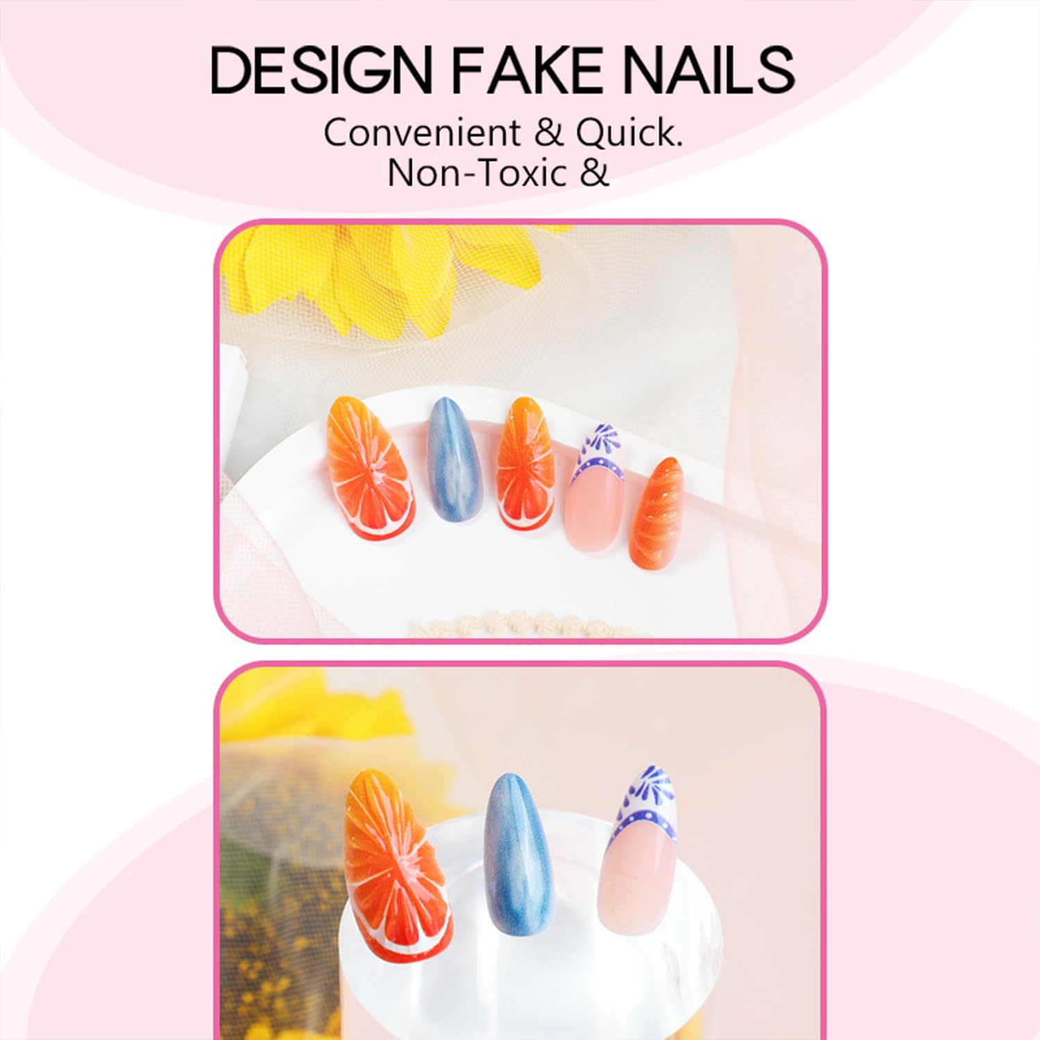 Tyuimhx 3D Oranges Press on Nails Medium Almond Fake Nails Summer Fruit False Nails Full Cover Stick on Nails Acrylic French Tip Artificial Nails for Women Glue on Nails 24Pcs - Image 2