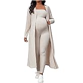 BEAUDRM Women's Maternity Ribbed 2 Piece Outfit Strapless Skinny Leg Jumpsuit and Long Sleeve Cardigan Set