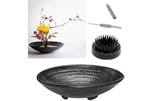 Eggone Japanese Ikebana Kit Floral Frog Flower Container with Kenzan Needle Straightening Tool - 1.57inch Black Flower Frog, 6.7inch Bowl Vase