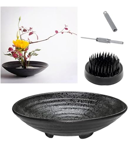 Amazon.com: 日本古典插花花瓶組,極簡陶瓷花盆淺容器,附2.4 英吋