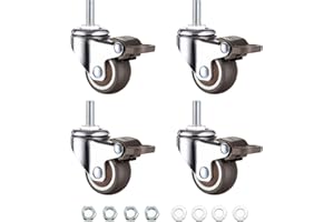 WEITELAI Mini Caster Wheels 1 inch Threaded Stem Casters with Brake and Screws Stem M6 x 15mm, Ball Bearing Silent TPE Rubber Low Profile Caster Wheels for Furniture Rolling Trolley Small Shopping Cart 4 Pack