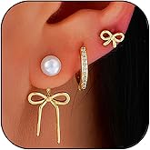 Gold Bow Earrings for Women Cute Pearl bow Earrings Set Classic Ribbon Bowknot Stud Earrings Fashion Jewelry Gift for Women