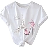 SweatyRocks Women's Paris Eiffel Tower Graphic Tees Round Neck Short Sleeve T Shirt Tops