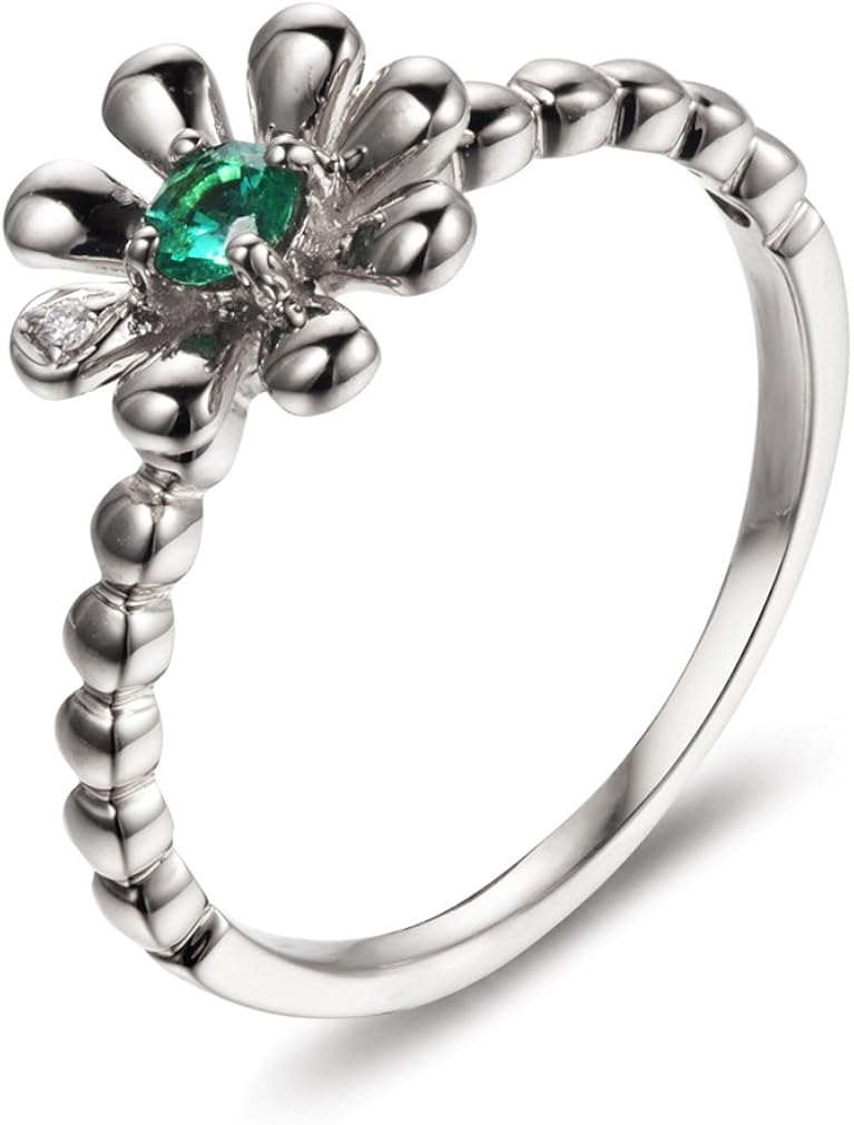 Flower Shaped Diamond and Emerald Ring in Size 4.5 with White Gold