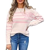 Sumleno Womens Cute Bow Striped Sweater Crewneck Long Sleeve Knit Sweatshirt Top Warm Soft Winter Y2k Aesthetic Pullover