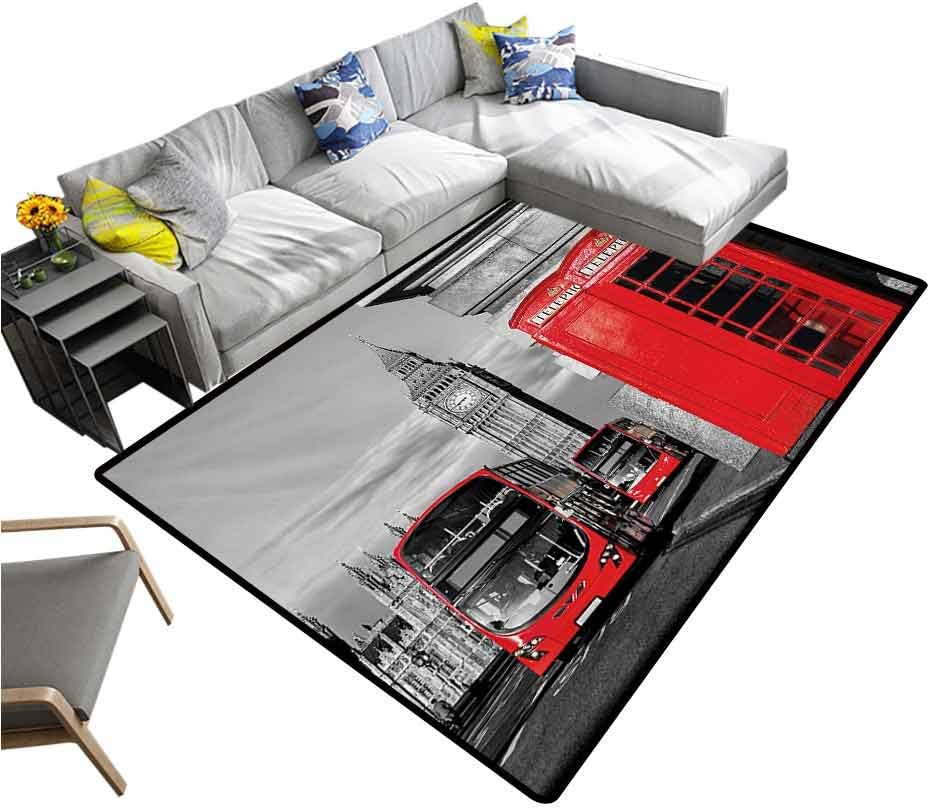 London Rug Pads London Telephone Booth in The Street Traditional Local Cultural Icon England UK Retro Washable Area Rug Red Grey (5'7"x6'6")