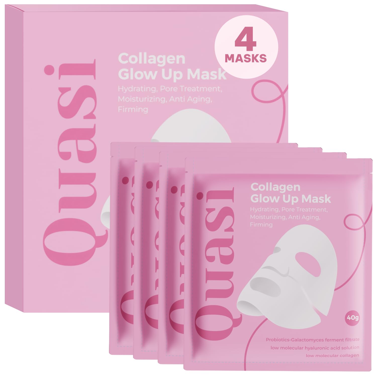 Photo 1 of Quasi Bio-Collagen Face Mask Overnight – Hydrating Korean Sheet Mask – Niacinamide & Low Molecular Collagen – Firming & Smoothing Skincare for All Skin Types – 4 Masks
