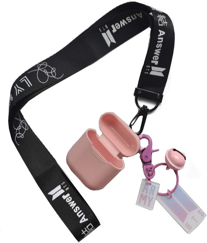 Vczone BTS Bangtan Boys Airpod Case BTS Keychain with Lanyard BTS Black Long Lanyard for A.R.M.Y, Awesome Gift for Your Friend Kids Family (Pink)