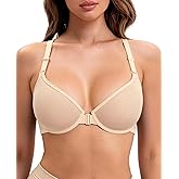 Upushall Women's Racerback Sexy Sheer Front Closure Plunge Bra Balconette See-Through Unlined Underwire Bras