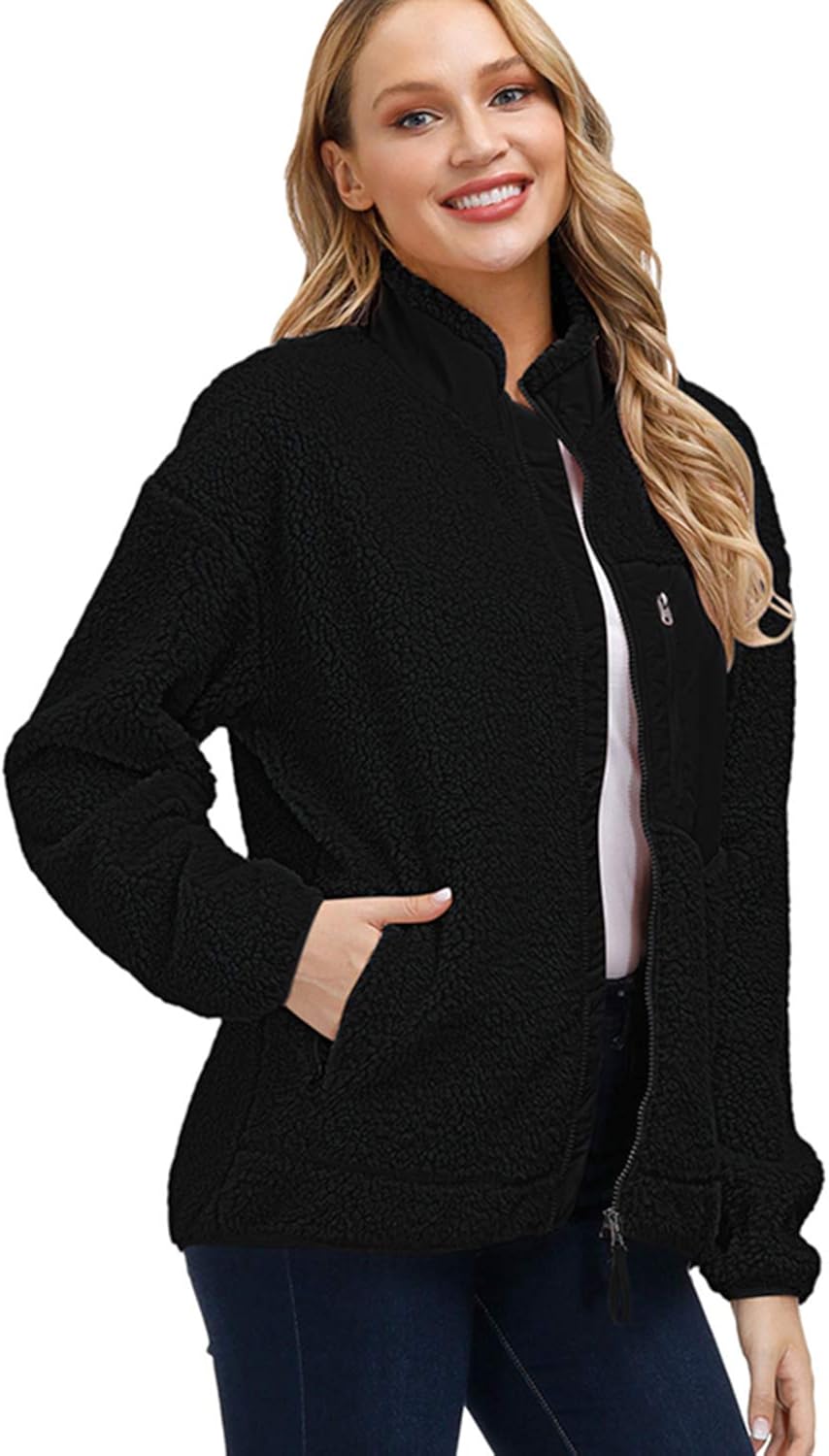Kisscynest Women's Full Zip Fleece Jacket Stand Collar Fuzzy Fluffy Warm Winter Sherpa Coat: Clothing