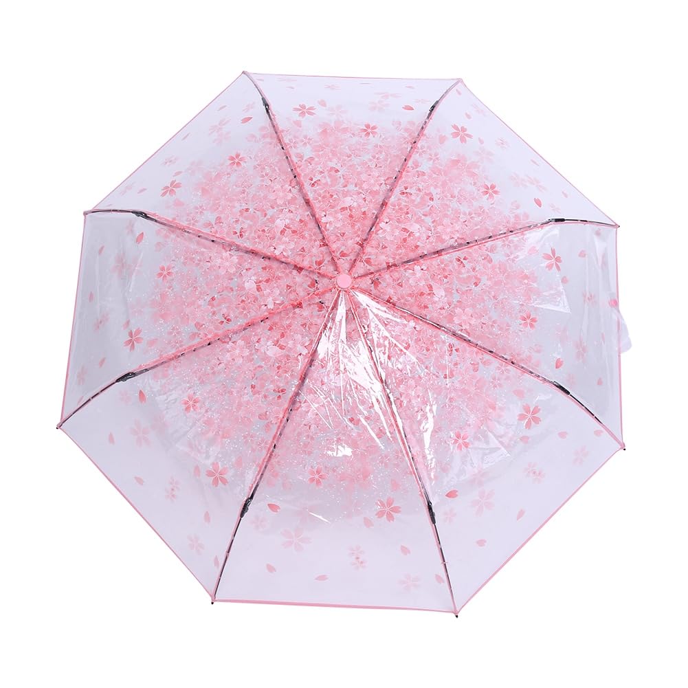 Lazmin Transparent Folding Umbrella, Clear Outdoor Umbrella Cherry Blossom Fashionable Girls Rain Umbrella(Pink)