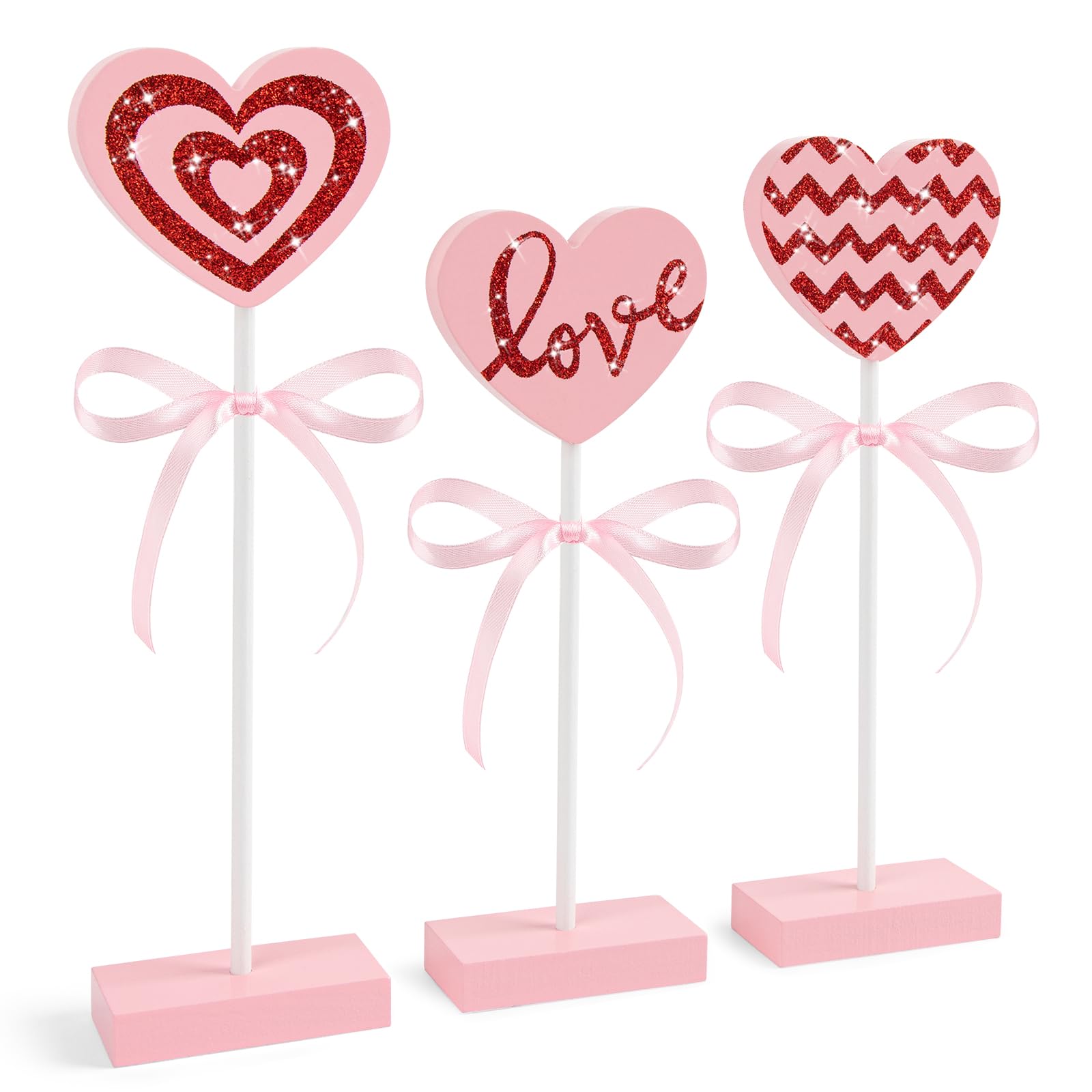 Photo 1 of 3-Piece Tiered Tray Decor Set, Wooden Heart Table Decor, Pink Valentines Decorations for Home Tables