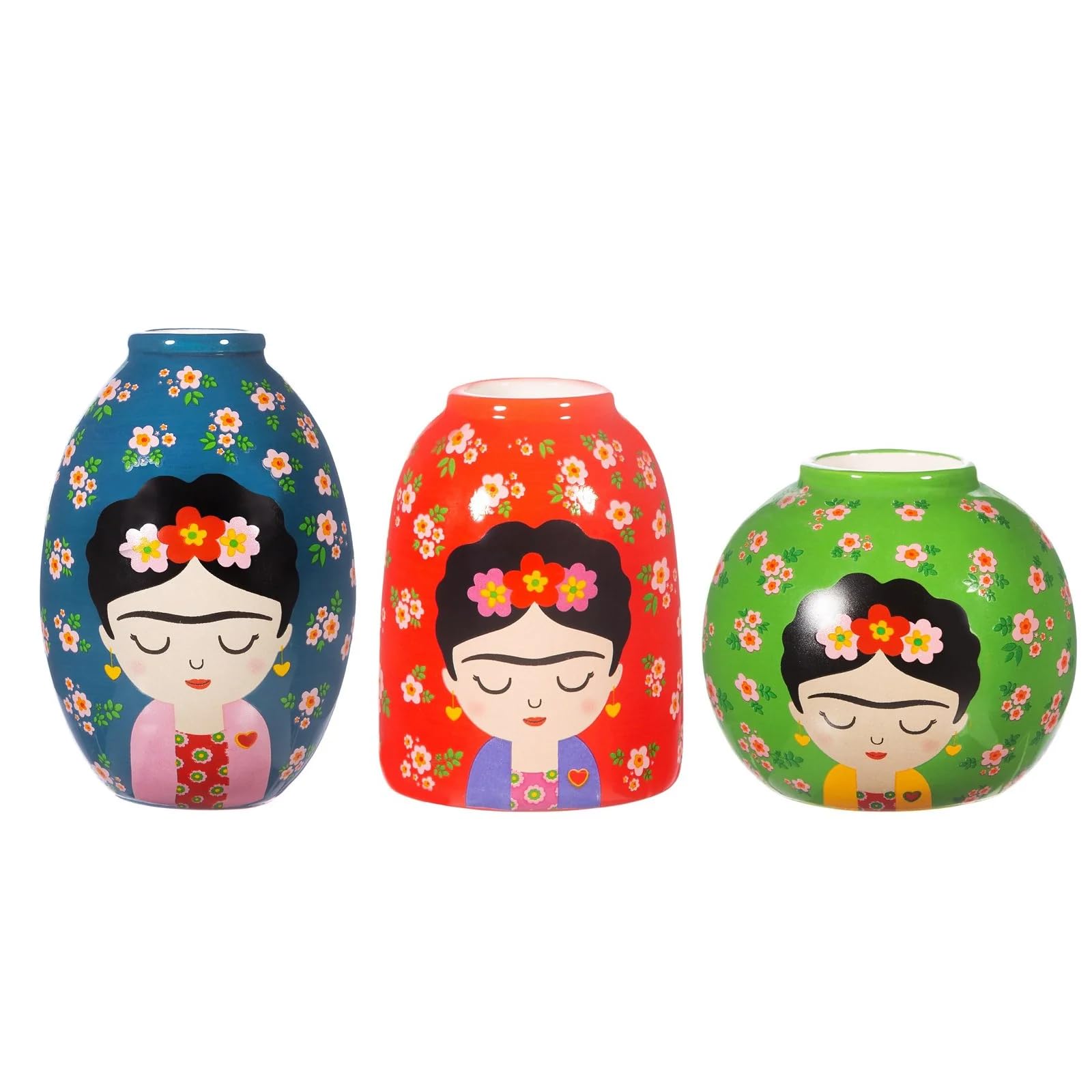 Sass & Belle Floral Frida Vases - Set Of 3 - Ceramic Flower Vase for Home Decor – Colourful Floral Vases for Flowers, Table Decorations & Small Displays, Designed by Sass and Belle