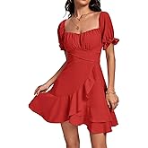 LYANER Women's Square Neck Ruffle Wrap Mini Dress Off Shoulder Flounce Short Sleeve A Line Flowy Dress
