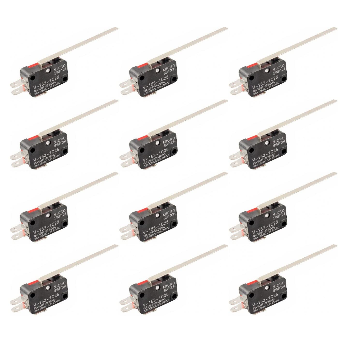 JZK 12 Pcs Microswitch V-153-1C25 Micro Limit Switch with Long Straight Hinge Lever Arm SPDT 1NO 1NC 3Pin Momentary Switch Push Button SPDT Snap Action