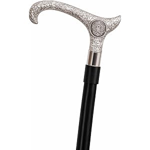 Luxury Silver Engraved Walking Cane for Men & Women – Decorative Eagle Crest Handle with Black Wooden Shaft – Vintage Elegant