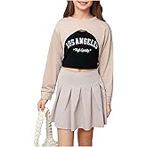 MakeMeChic Girl's 3 Piece Cute Fall Outfit Crew Neck Crop Sweatshirt and Pleated Mini Skirt Set with Cami Top