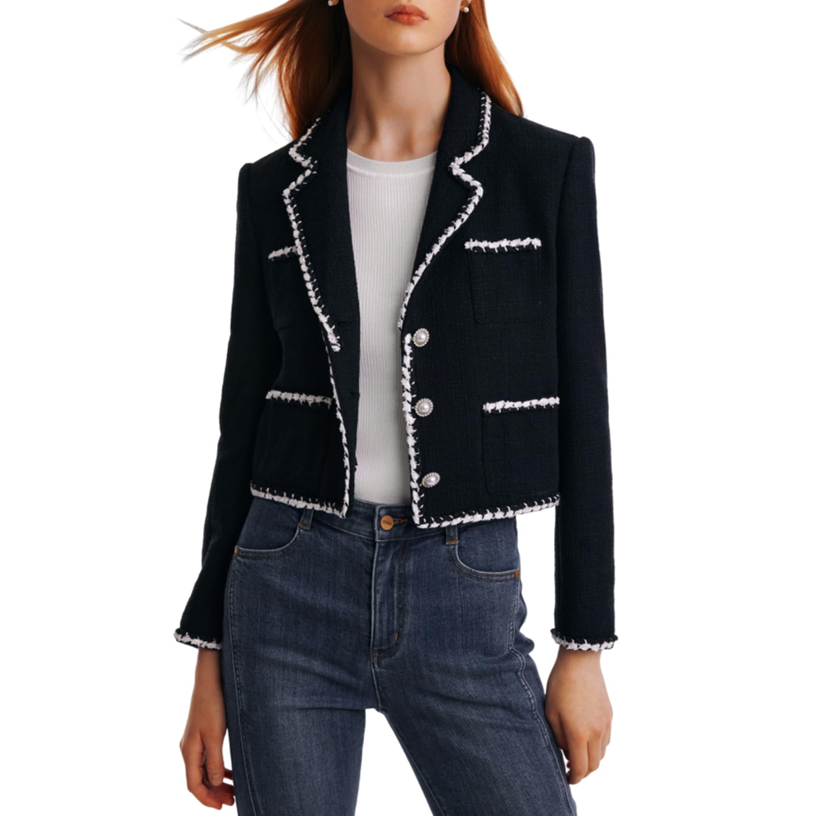 Photo 1 of GOELIA Tweed Blazers for Women Work Business Casual, Knit Blazer Cropped Jacket Black Blazer Cropped Blazer Elegant Cardigan Suit Jackets
