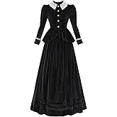 FCCAM Velvet Victorian Dress for Women Black 2-Piece 1800s Edwardian Dresses Costume with Pockets