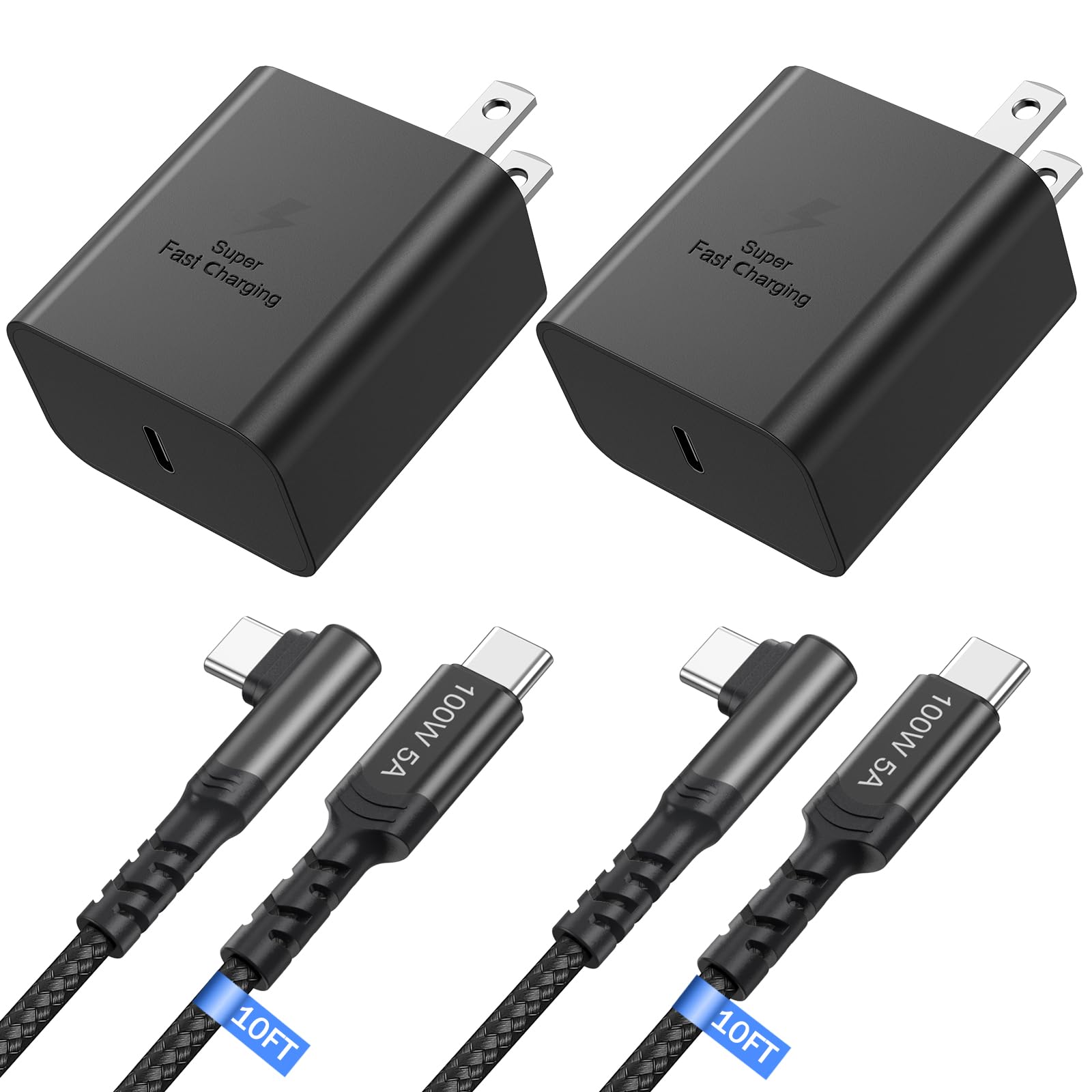 45W USB-C Charger Block, 2 Pack 45 Watt Super Fast Quick Charging Block Apdater with 10FT Right Angle Type C Charging Cord Compatible Galaxy S26 S25 Ultra S24 S23+ Plus S22 S21 S20FE Switch 2-Black