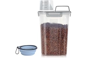 LEAWALK 3-5Lbs/3Qt Dog Cat Food Storage Container With foldable bowl. Plastic Pet Food Dispenser for Small Animal Kibble/Pet Food/Bird Seed/Oatmeal/Rice/Flour/Brown Sugart/Cereals (Clear Grey)