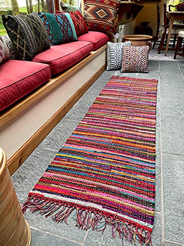 Second Nature Online Festival Long Eco Friendly Multi Colour Stripe Fringed Rag Rug Runner Hand Woven with Recycled Fabric Strips 60 cm x 200 cm — image 1