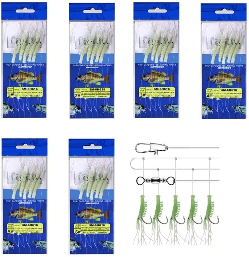 Luminous Fishing Rigs - Glow Soft Fish Lures with Saltwater/Freshwater Hooks - Mackerel & Sea Fishing Bait (Shrimp 1#, 2#, 3#, 4#, 5#, 6#)