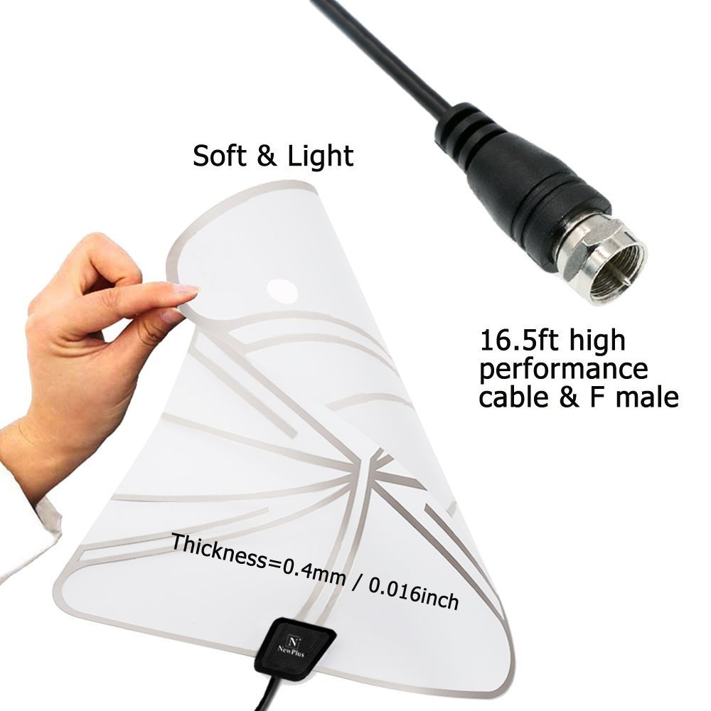 Indoor TV Antenna, NewPlus Transparent Amplified HDTV Antenna 50 Mile Range with Detachable Amplifier Signal Booster, USB PowerSupply, 16.5FT High Performance Coax Cable - Better Reception