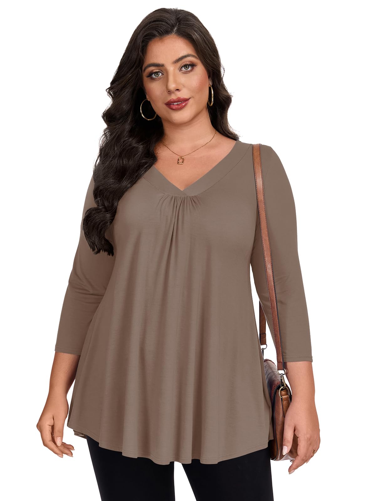 Photo 1 of LARACE Plus Size 3/4 Sleeve Womens Tops for Fall Spring, Casual Women's V-Neck Shirts Tunic Top to Wear with Leggings (Khaki 2X)