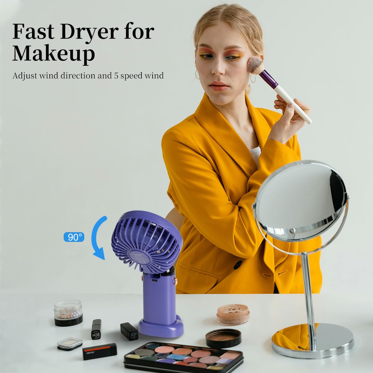 Portable Handheld Fan, 12 hours, Upgrade 3200mAh Portable Fan with LED Display, 90° Foldable, 5 Speed Wind,Hand Held/Neck/Desk 3 in 1 Personal Small Fans, Makeup Fans for Women (Purple)