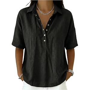 Cotton Linen Shirts for Women Summer Henley V Neck Half Sleeve Blouse | Gauze crinkle linen tops and blouses, button down bre