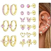 Kakonia Hypoallergenic Flat Back Earrings for Women Men Surgical Steel Earring for Sensitive Ears, 14K Gold Plated Stainless Steel Flatback Stud Hoop Cartilage Earring Stacks for Multiple Piercing